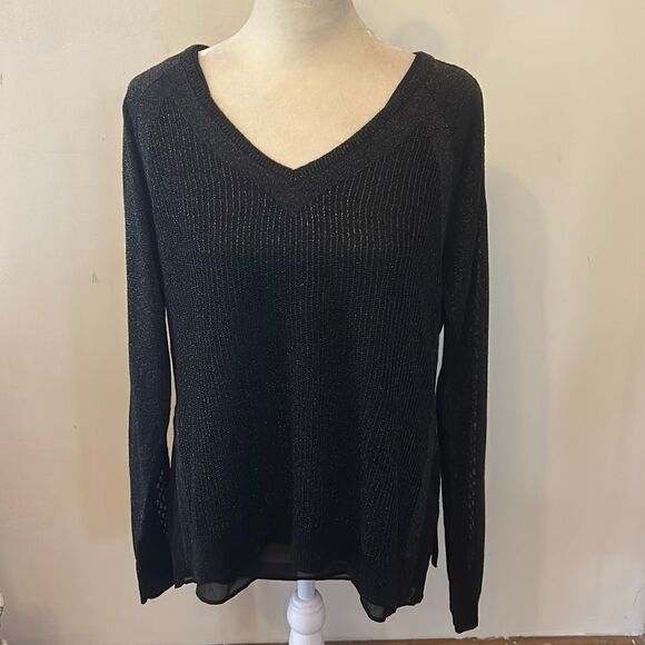 Lucky Brand black metallic thread long sleeve sweater with underlay Size M - Picture 1 of 10